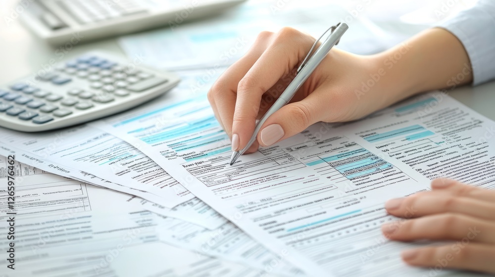 Filing Taxes, Paperwork. Woman Fills Out Forms, Using Calculator And Pen. Tax Preparation, Financial Planning And Management. Filing Taxes, Paperwork. Woman Fills Out Forms, Using Calculator And Pen. Tax Preparation, Financial Planning And Management.