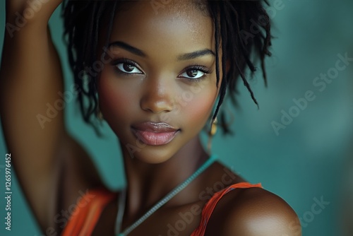 Portrait of a young woman with natural hair posing gracefully against a soft ...