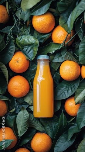 Fresh orange juice bottle surrounded by ripe oranges and lush green leaves