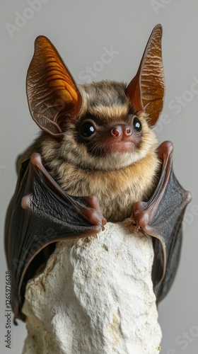 Cute bat perched on a rock with large ears and expressive eyes