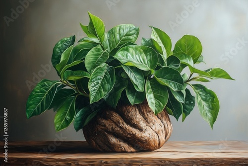 Indoor plant arrangement in a rustic wooden pot showcasing lush green leaves