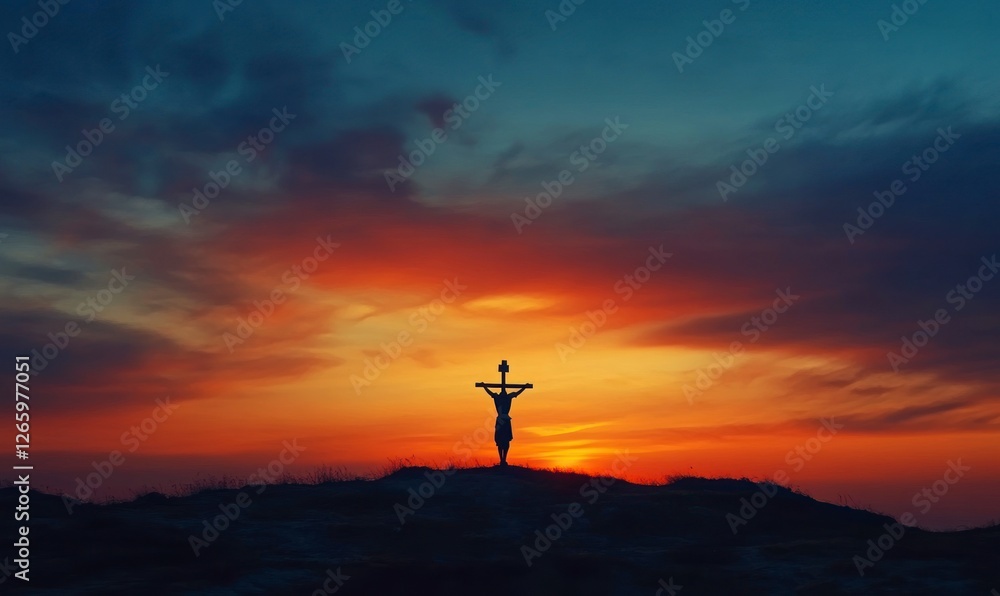 Obraz premium Silhouette of Jesus Christ on the cross against a sunset sky background, an Easter concept.