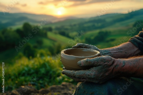 Muddy hands shape a clay bowl at sunset, showcasing rustic craftsmanship against a serene landscape. photo