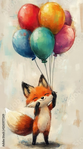 Cute fox holding colorful balloons in a joyful celebration