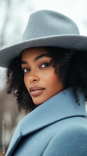 Captivating portrait of a woman in a stylish blue coat and hat outdoors durin...