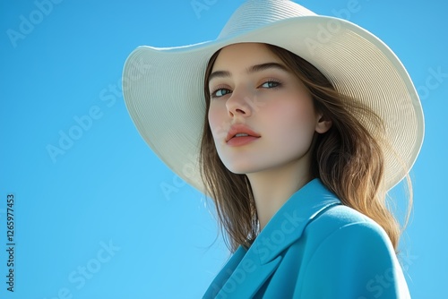 Young woman in blue coat and white hat against clear blue sky enjoying sunny ...