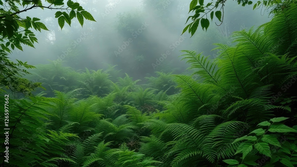 Misty morning in a dense thicket of green ferns, foliage, leafy Misty morning in a dense thicket of green ferns, foliage, leafy