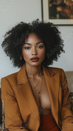 Elegant woman with curly hair in stylish brown blazer poses indoors during da...