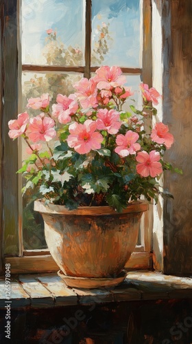 Flowering pink begonias in a rustic pot near a sunlit window