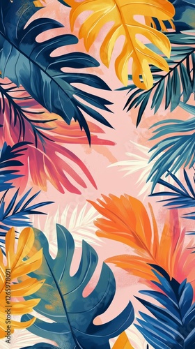Colorful tropical foliage against a soft pink background in a vibrant artistic design