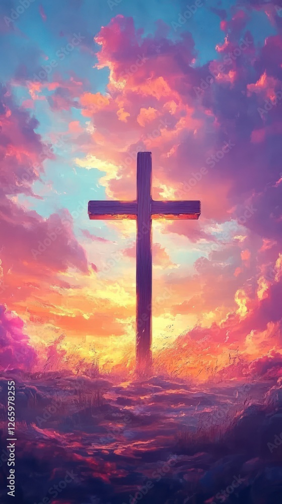Large wooden cross stands tall against the backdrop of an orange and blue sky at sunset, symbolizing Jesus' sacrifice for all people. Large wooden cross stands tall against the backdrop of an orange and blue sky at sunset, symbolizing Jesus' sacrifice for all people.