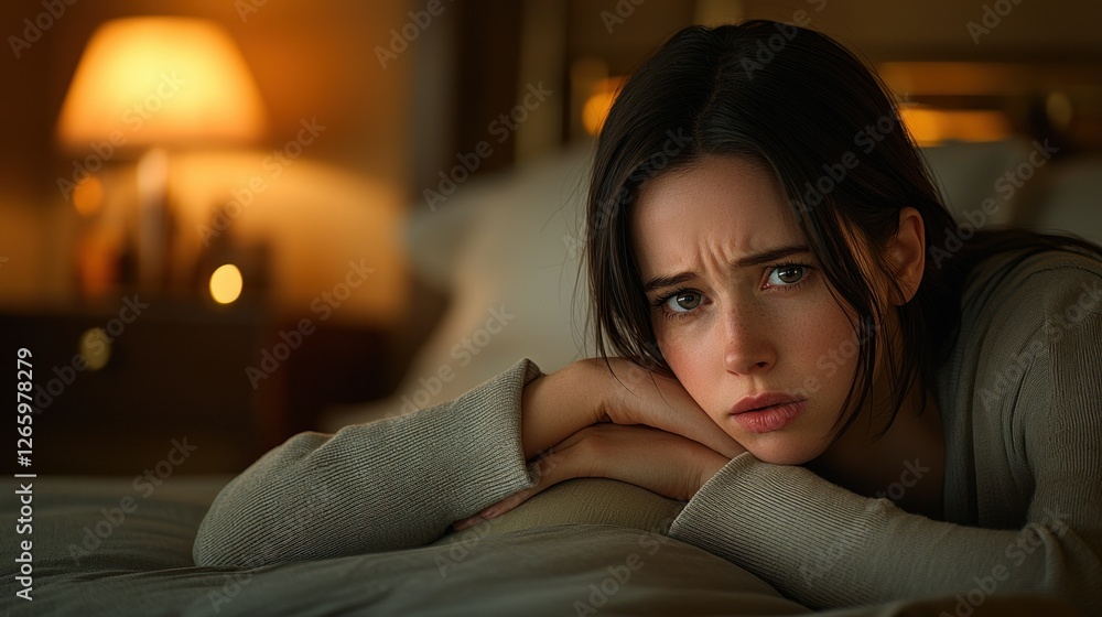 Sad woman lying on bed in warm, moody, bedroom looking distressed, for mental health use Sad woman lying on bed in warm, moody, bedroom looking distressed, for mental health use