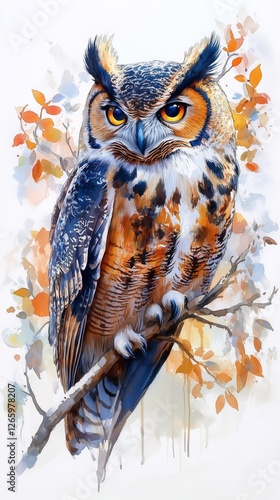 Majestic owl perched on a branch amidst autumn foliage in a vibrant forest se...