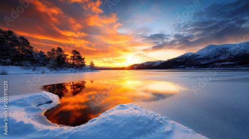 A breathtaking sunset transforms the snowy landscape into a canvas of vibrant colors, showcasing the stunning beauty and tranquility of winter evenings.