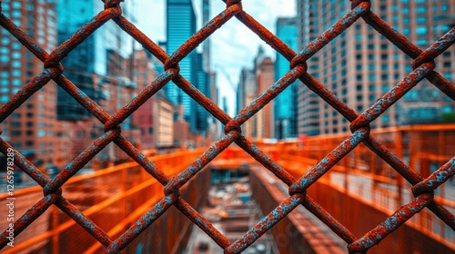 Rusty fence obscures city scene; urban backdrop in soft focus, travel stock