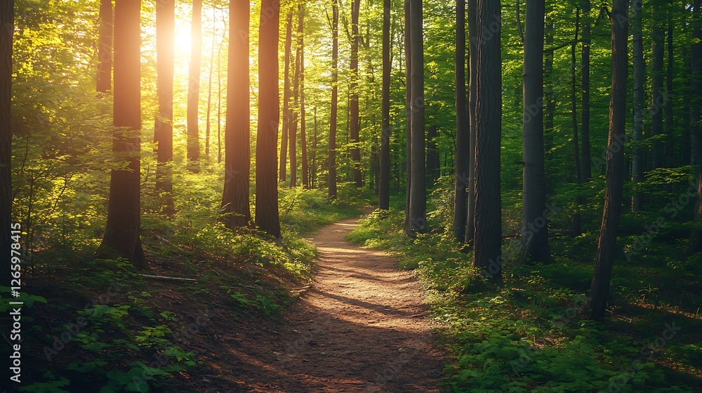 Obraz premium Sunlit Forest Path Through Lush Green Trees