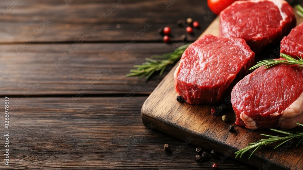 This image presents raw beef cuts placed neatly on a rustic wooden board, highlighting the vibrant red color and freshness of the meat for any culinary enthusiast. This image presents raw beef cuts placed neatly on a rustic wooden board, highlighting the vibrant red color and freshness of the meat for any culinary enthusiast.
