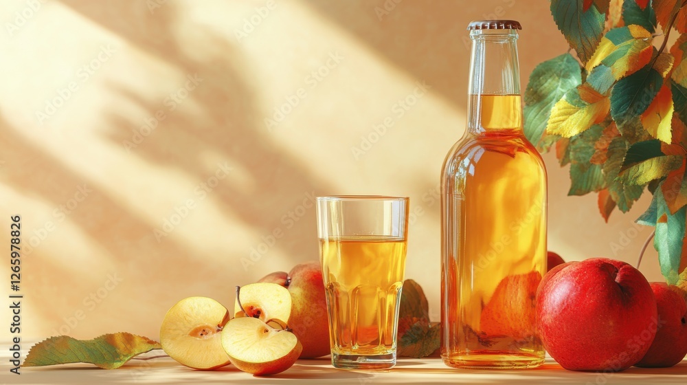 Sipping crisp cider golden lowalco experience in a rustic setting with a bottle and glass Sipping crisp cider golden lowalco experience in a rustic setting with a bottle and glass
