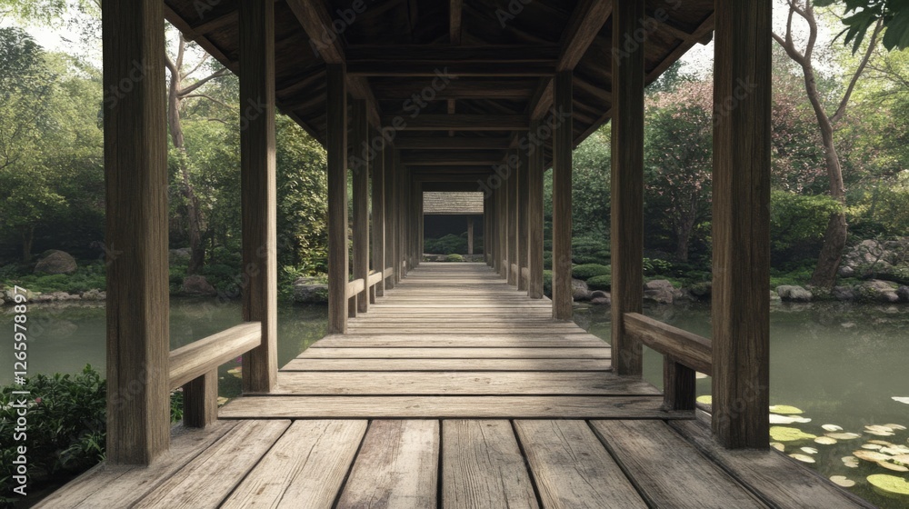 Wooden walkway through a Japanese garden