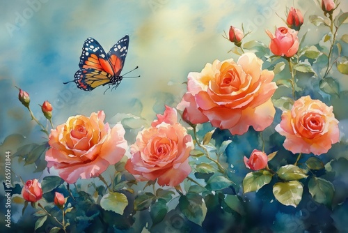 Colorful butterflies flying among blooming roses in a serene garden setting