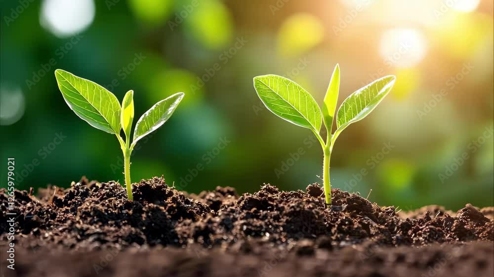 Two young green plants emerging from dark soil, illuminated by sunlight, symbolizing growth and nature. Two young green plants emerging from dark soil, illuminated by sunlight, symbolizing growth and nature.