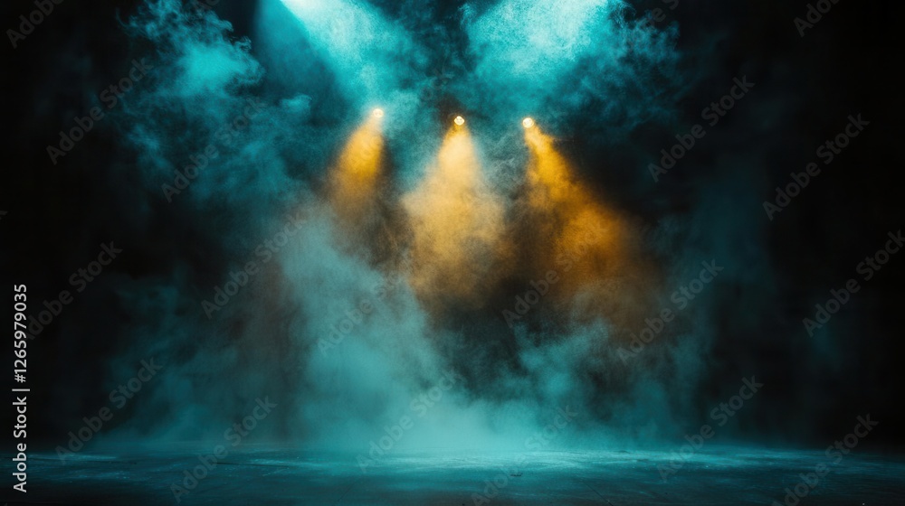 Obraz premium Empty Stage Club with Blue and Yellow Spotlights in a Smoky Atmosphere for Concert or Event Promotion
