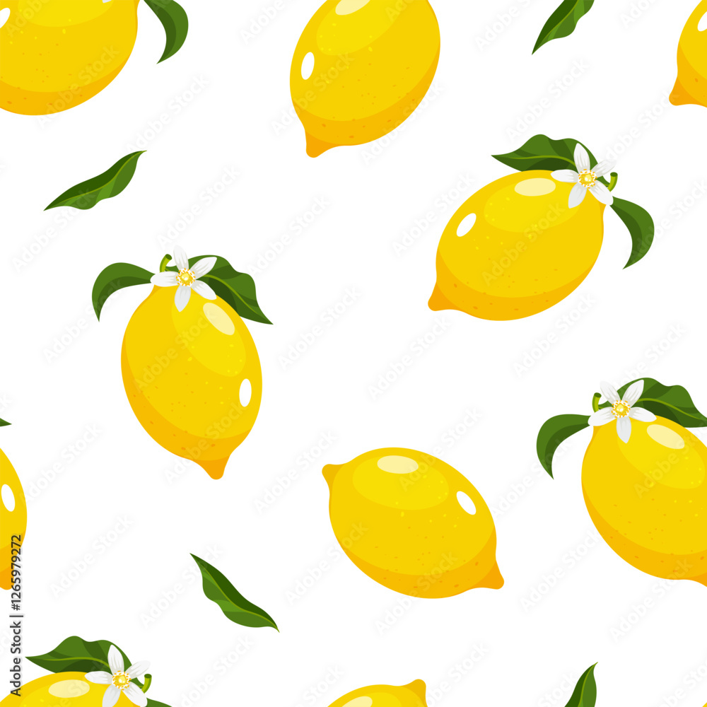 Obraz premium Vector lemon pattern with whole lemon fruits, leaves and blossoming flowers isolated on white background. 