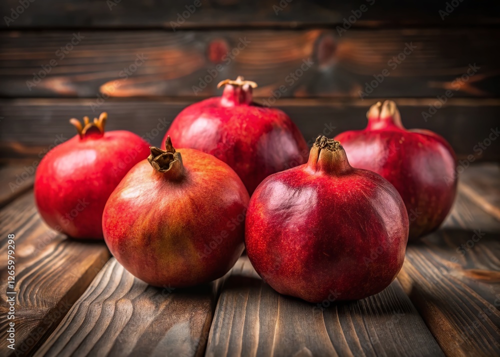 Minimalist Still Life: Ripe Pomegranates on Wooden Table Minimalist Still Life: Ripe Pomegranates on Wooden Table