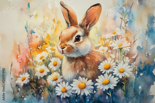 Cute rabbit among blooming daisies in a colorful meadow during springtime