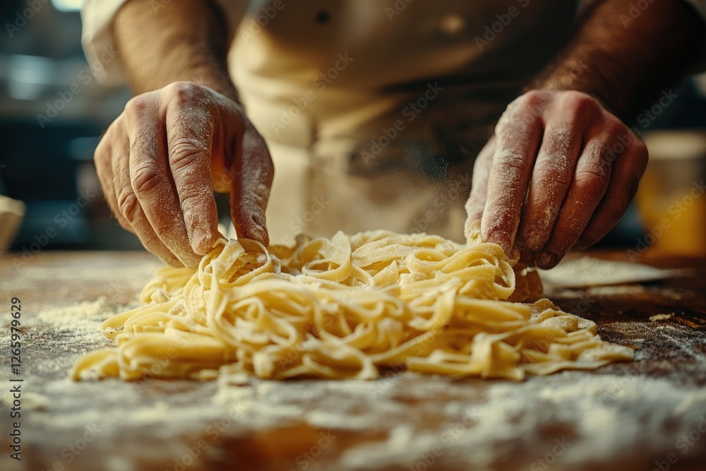 A chef's hands delicately arrange freshly made pasta, dusted with flour, on a wooden surface. A chef's hands delicately arrange freshly made pasta, dusted with flour, on a wooden surface.