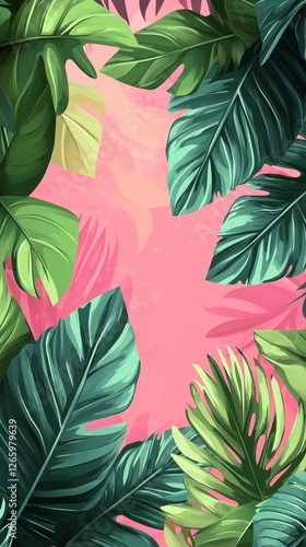 Vibrant green leaves frame a soft pink background in a tropical botanical design
