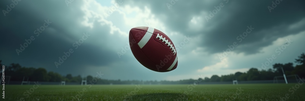 A dynamic image of an American football soaring through the air over a grassy field, set against a dramatic sky, perfect for sports marketing and promotional materials. A dynamic image of an American football soaring through the air over a grassy field, set against a dramatic sky, perfect for sports marketing and promotional materials.