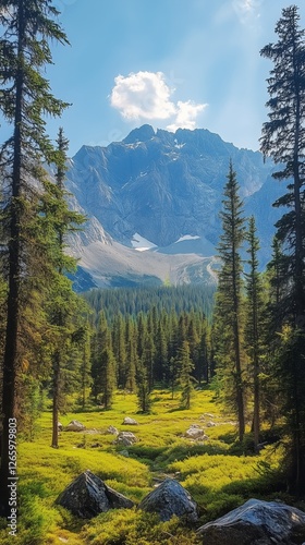 Majestic mountain landscape with lush green forest and clear blue sky in summer
