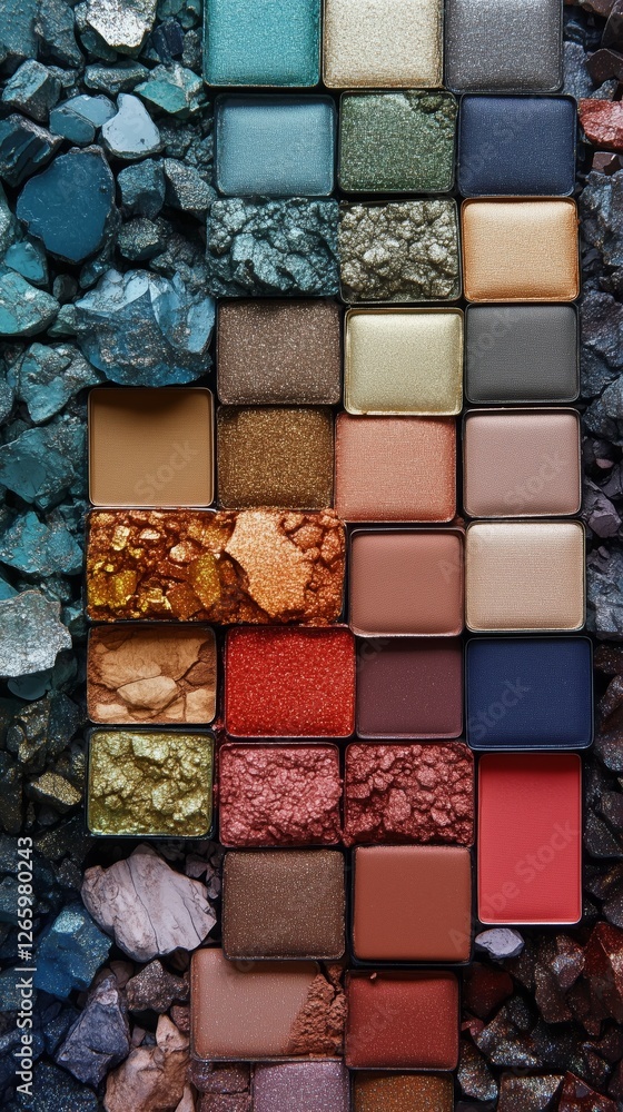 Fototapeta premium Colorful collection of mineral-inspired eyeshadow palettes displayed on textured stone background