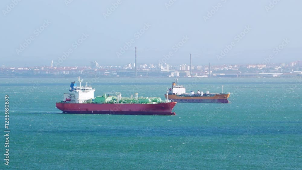 Large cargo ships navigate calm waters near the city skyline in bright daylight Large cargo ships navigate calm waters near the city skyline in bright daylight