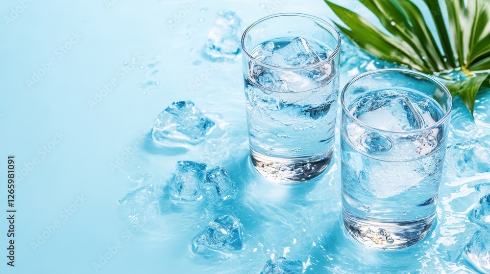 Two chilled glasses of water filled with ice, surrounded by tropical green leaves, symbolizing refreshment, summer vibes, and natural hydration amidst an inviting atmosphere. Two chilled glasses of water filled with ice, surrounded by tropical green leaves, symbolizing refreshment, summer vibes, and natural hydration amidst an inviting atmosphere.