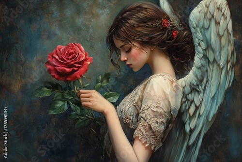 Elegant angel with rose in serene moment of reflection and beauty