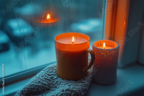 Cozy evening with candles and a warm drink by the window during snowy weather