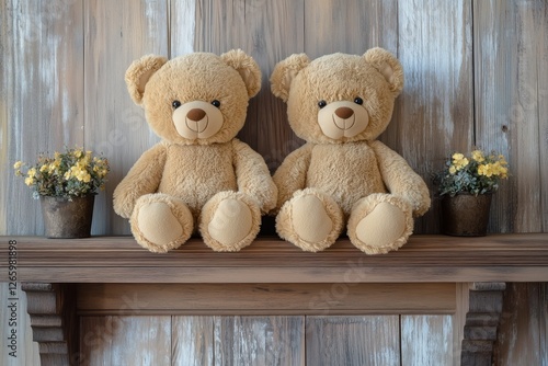 Soft bears sitting on a wooden shelf with potted flowers in a cozy interior s...
