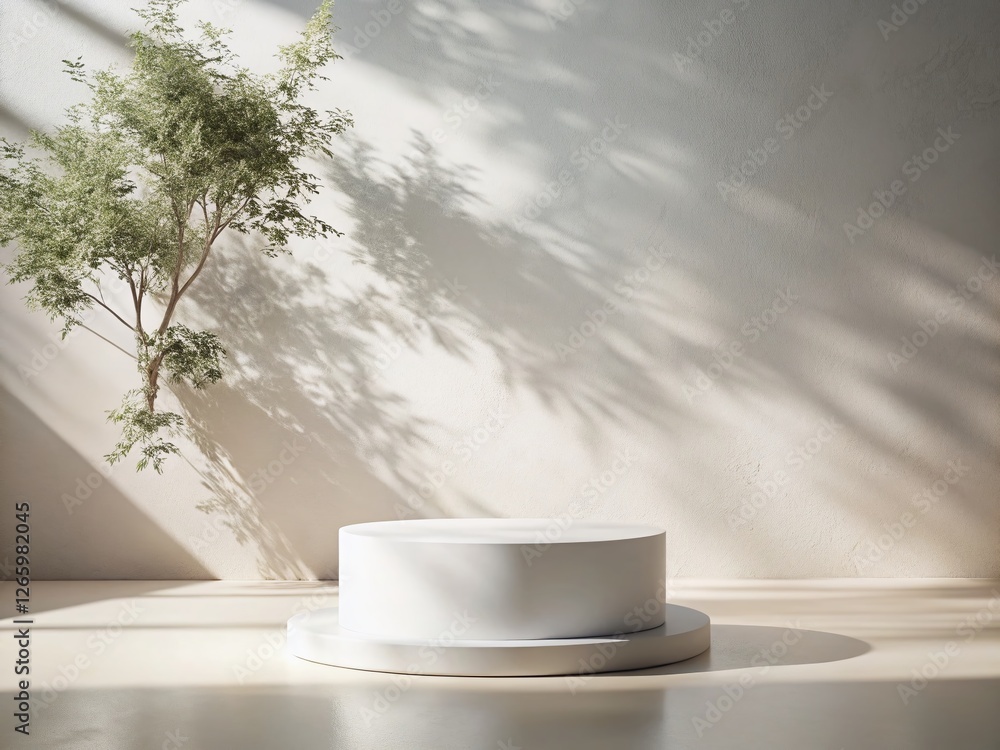 Minimalist White Cylinder Podium with Dappled Sunlight & Tree Shadow for Product Display Minimalist White Cylinder Podium with Dappled Sunlight & Tree Shadow for Product Display