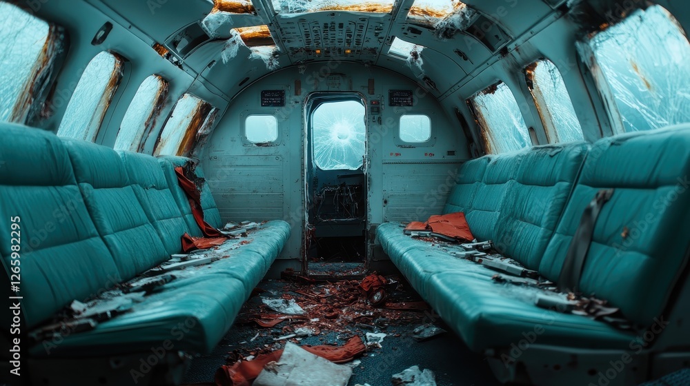 Fototapeta premium An interior of an abandoned airplane cabin, echoing melancholy through its damaged structure and ominous atmosphere, reflecting lost journeys and forgotten stories.