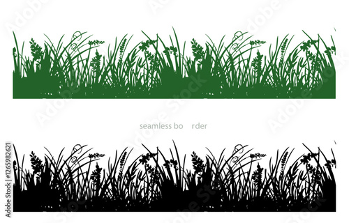 Vector black grass silhouette seamless border, Flowers and grass border nature design, horizontal banners of meadow silhouettes with grass and flowers, meadow scene landscape. 