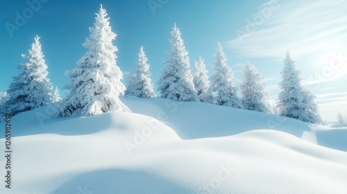 Wallpaper Mural A serene winter landscape featuring tall, snow-covered pine trees on a gentle slope under a clear blue sky, capturing the tranquil beauty of a snowy day. Torontodigital.ca