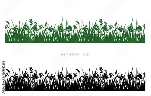 Vector black grass silhouette seamless border, Flowers and grass border nature design, horizontal banners of meadow silhouettes with grass and flowers, meadow scene landscape. 