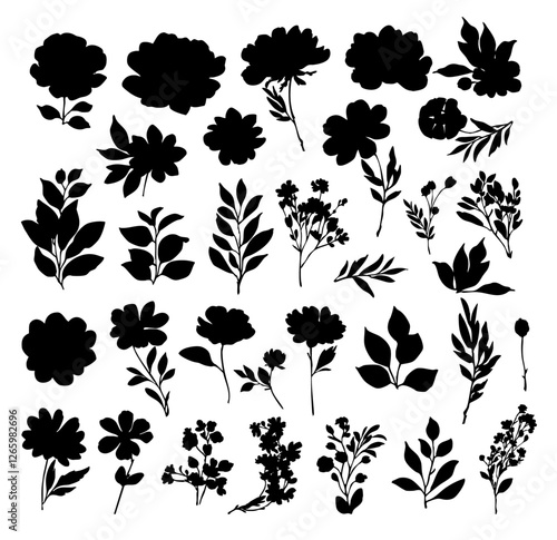 Vector plants set silhouette, Set of flower and leaves silhouettes. summer graphic element, Hand drawn floral design elements, Different Flower and Grass Illustrations. 