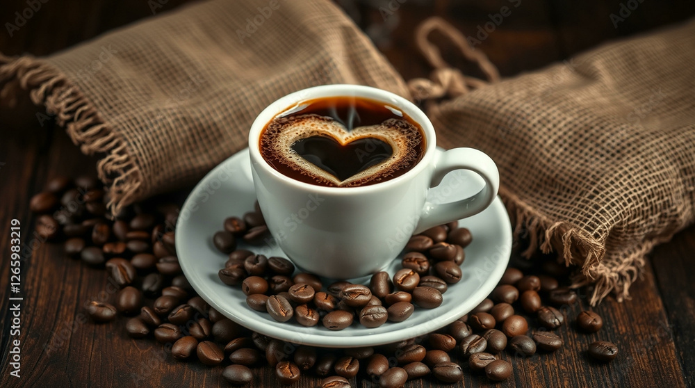 Cup of coffee with heart shape smoke and coffee beans on burlap sack on old wooden background
Cup of coffee with heart shape smoke and coffee beans on burlap sack on old wooden background