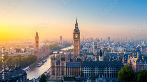 London Cityscape at Sunrise: Panoramic View of Iconic Towers and River