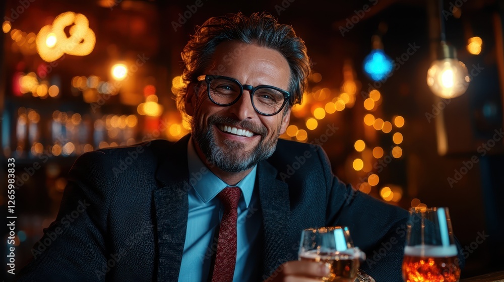 A stylish man smiles warmly at the camera in a cozy tavern, the ambient lighting creating a cheerful atmosphere that invites relaxation and good company. A stylish man smiles warmly at the camera in a cozy tavern, the ambient lighting creating a cheerful atmosphere that invites relaxation and good company.