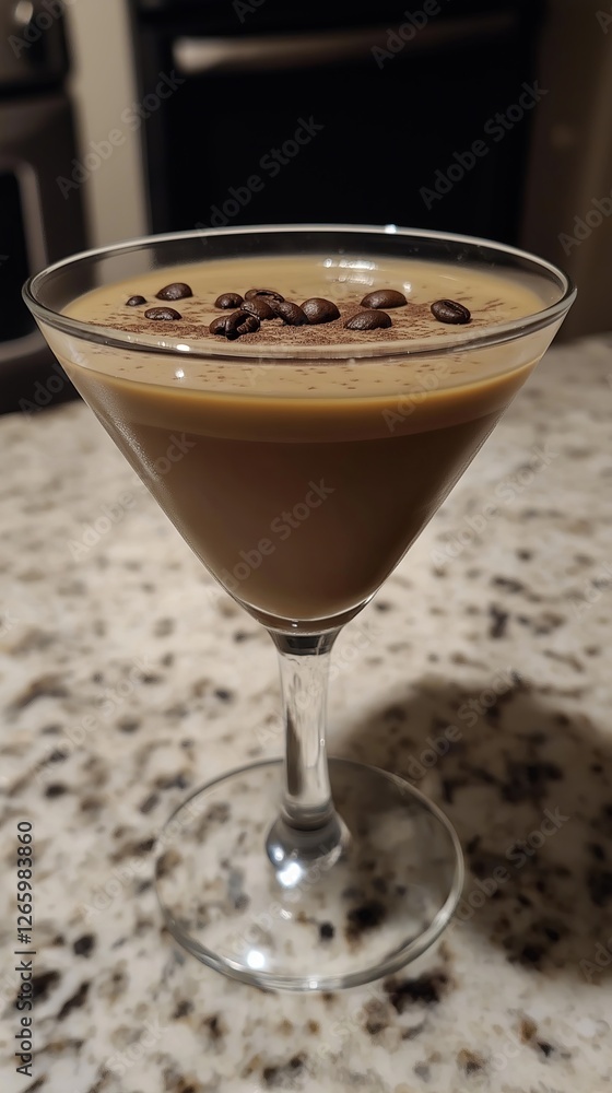 A classic Espresso Martini topped with coffee beans, served in a martini glass with a smooth frothy layer, set on a granite counter. A classic Espresso Martini topped with coffee beans, served in a martini glass with a smooth frothy layer, set on a granite counter.