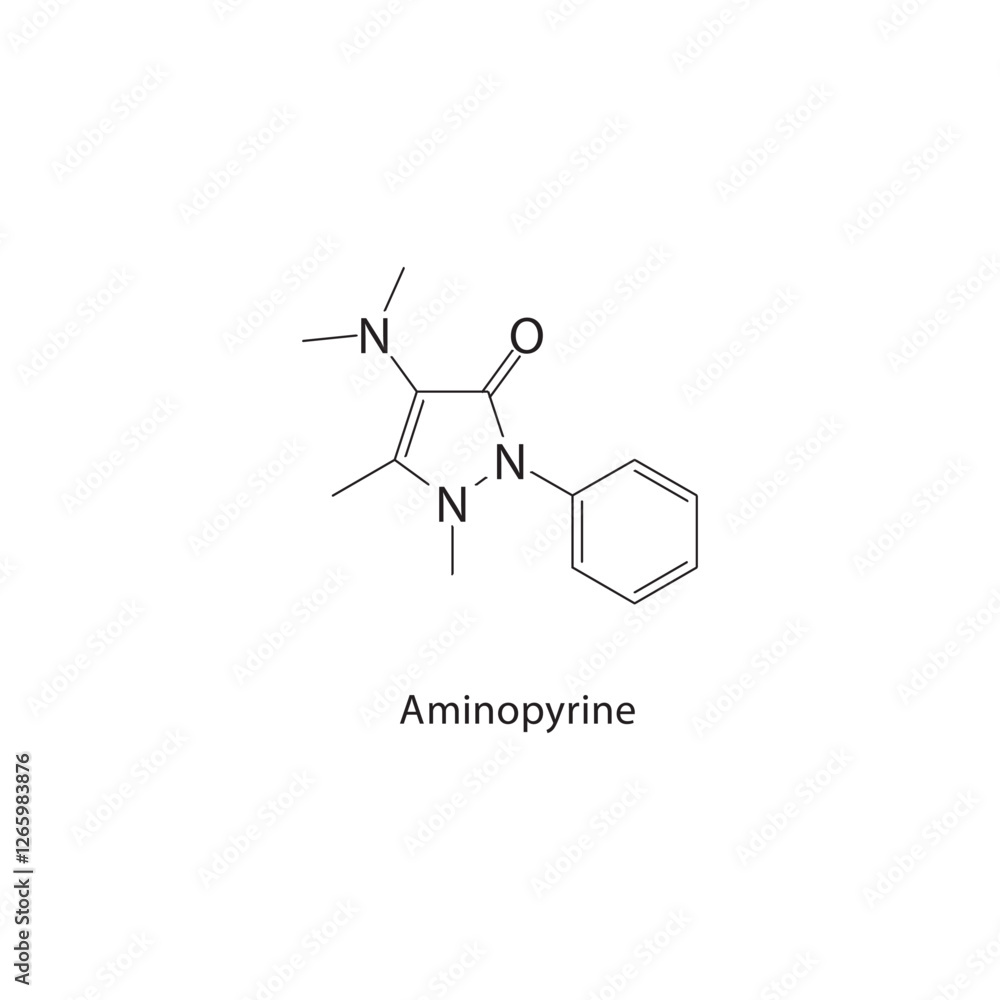 Aminopyrine skeletal structure.Pyrazolone analgesic compound schematic illustration. Simple diagram, chemical formula. Aminopyrine skeletal structure.Pyrazolone analgesic compound schematic illustration. Simple diagram, chemical formula.